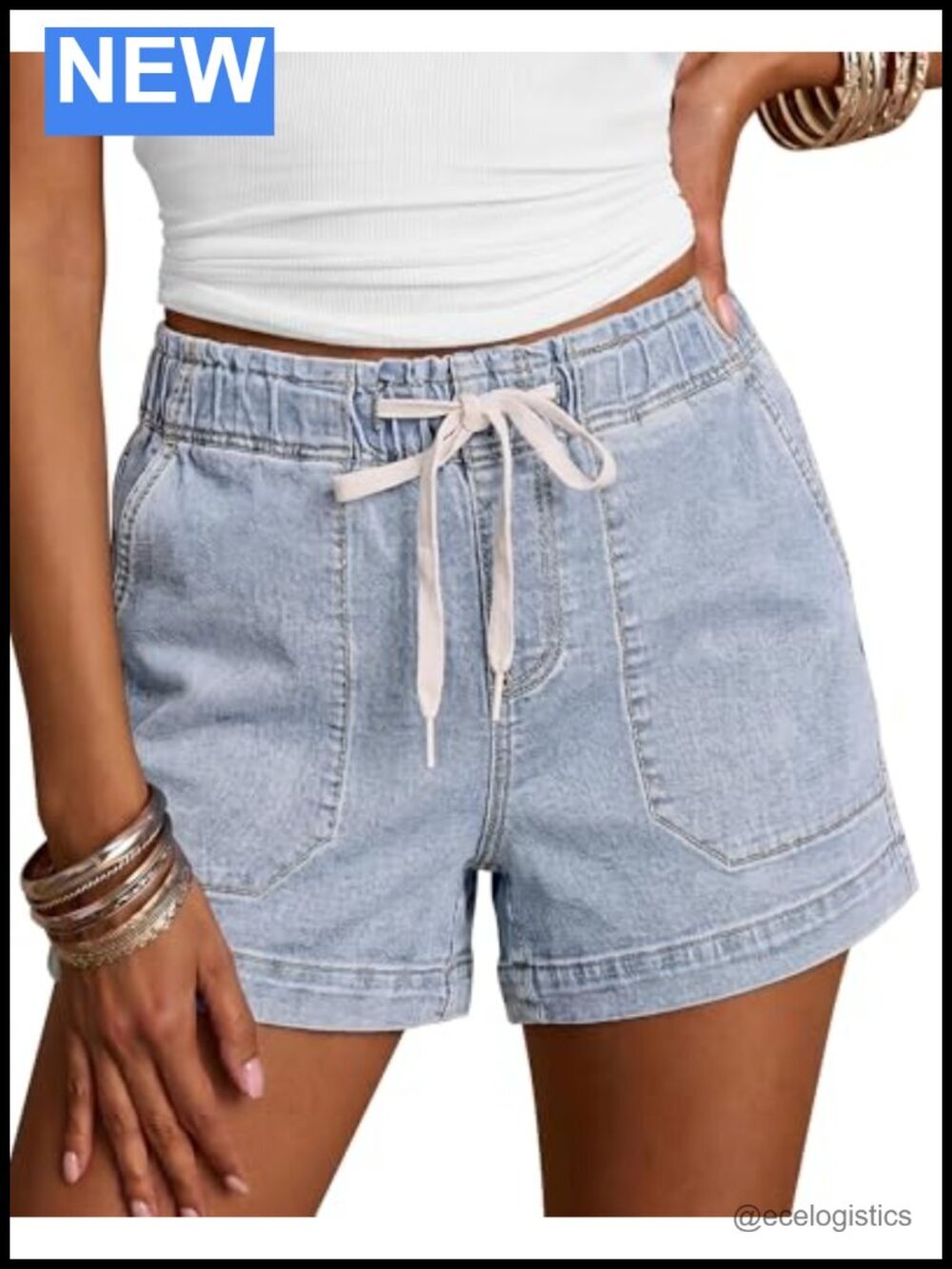 High Waisted Pull On Drawstring Denim Jorts with Pockets